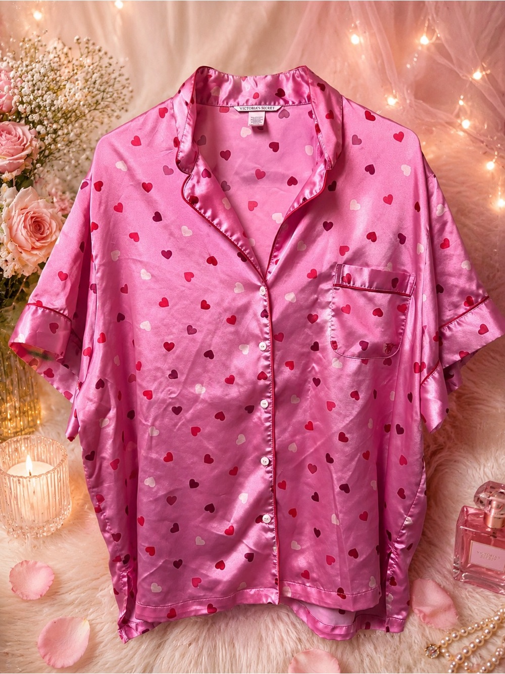 Victoria's Secret Pink Satin Heart-Print Short Sleeve Pajama Top/Shorts Set XXL